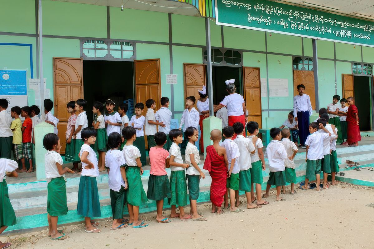 MYANMAR 2017 (ex Birmanie) C'est le jour de la visite médicale à l'école. Les élèves attendent patiemment de passer devant les infirmières pour faire vérifier leurs dentitions et soigner les petits bobos.