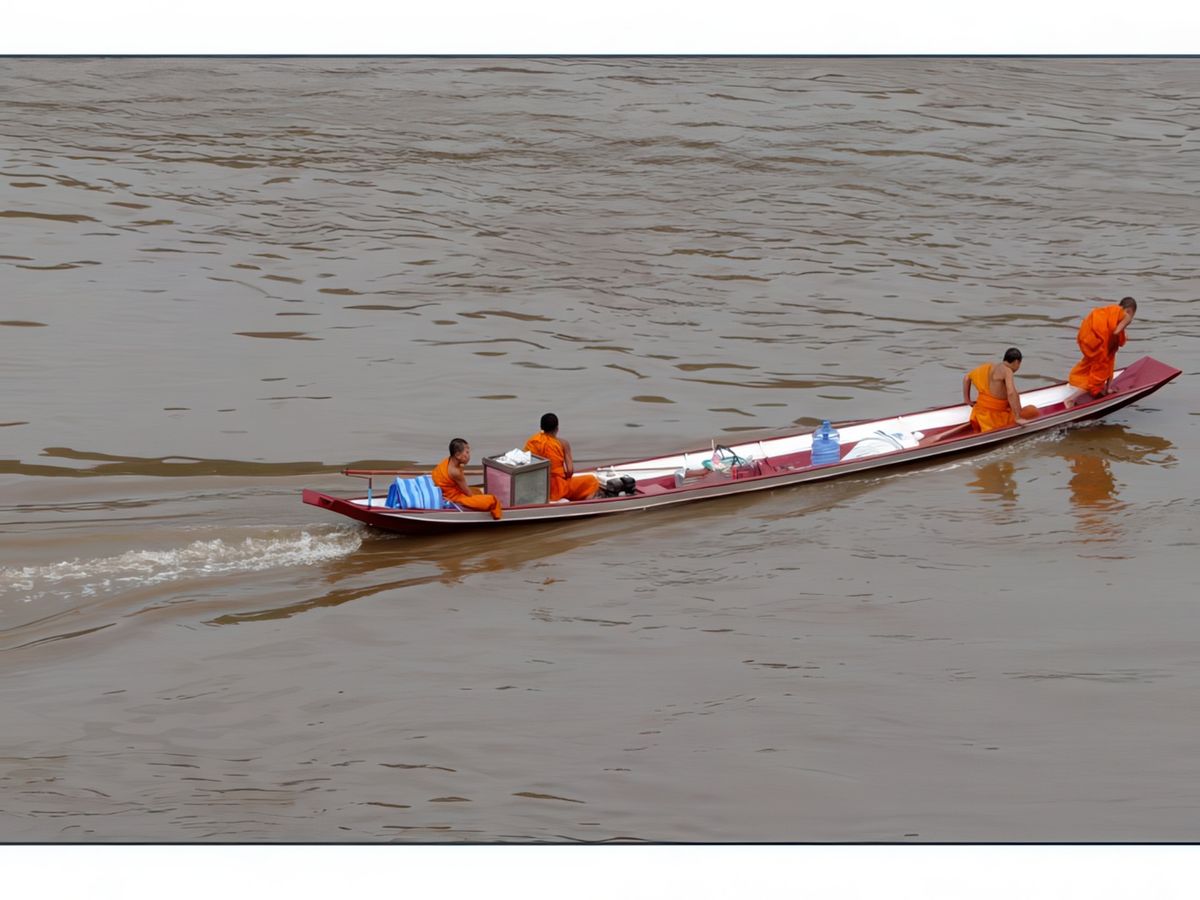 Jeunes moines en pirogue sur le Mékong.