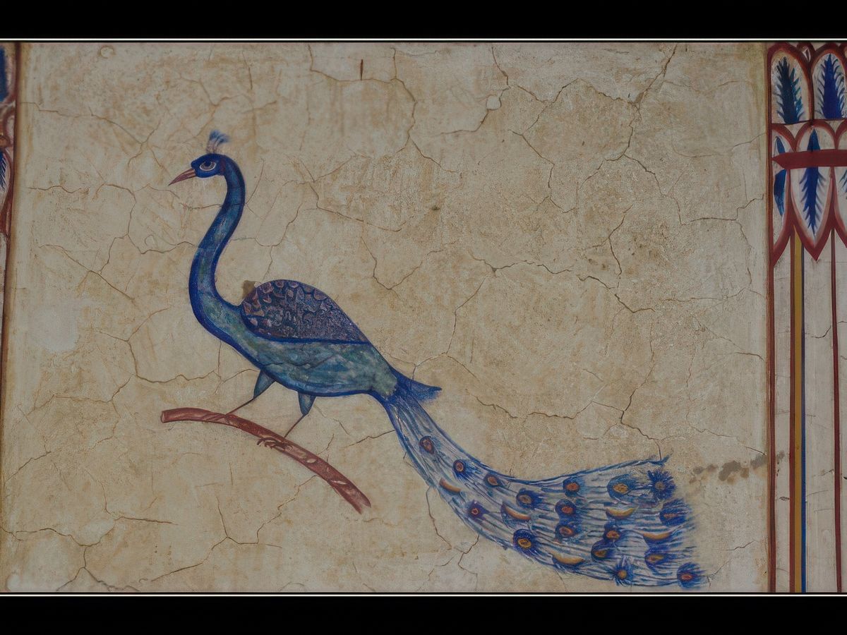 Fresques dans les galeries entourant les jardins. Le paon est un oiseau emblématique au Rajasthan.