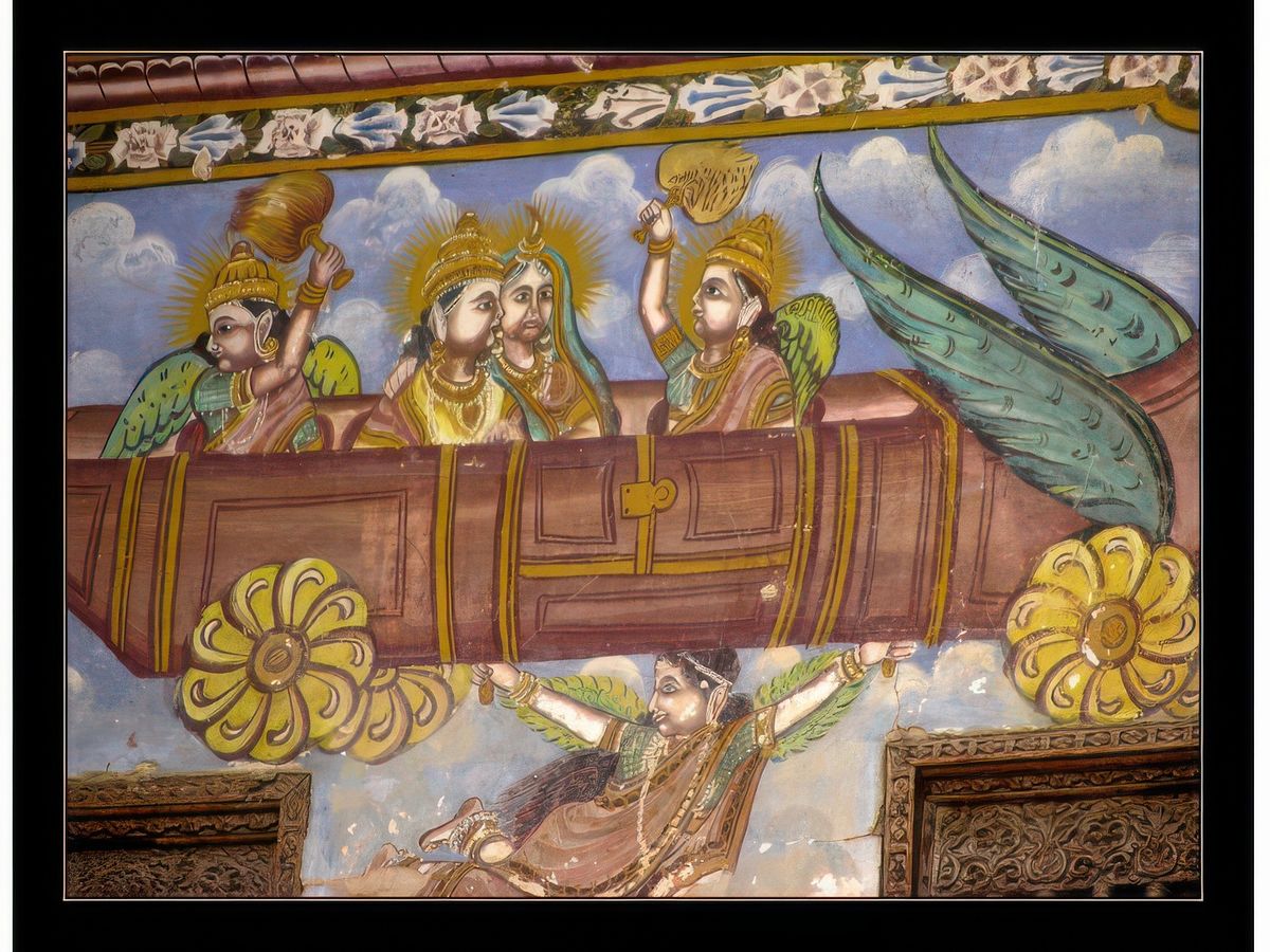 Si certains artistes furent inspirés par les engins mécaniques utilisés par les Britanniques, ils se soucièrent peu de réalisme. C' est ainsi que Krishna, aurige dans la bataille épique du Mahabharata, apparait ici dans une machine qui tient à la fois de l'avion et de l'automobile!