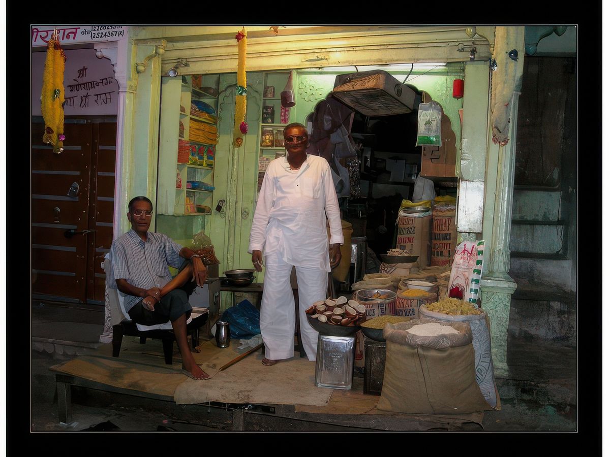 Dans la fraîcheur de la soirée, les commerçants prennent le frais.