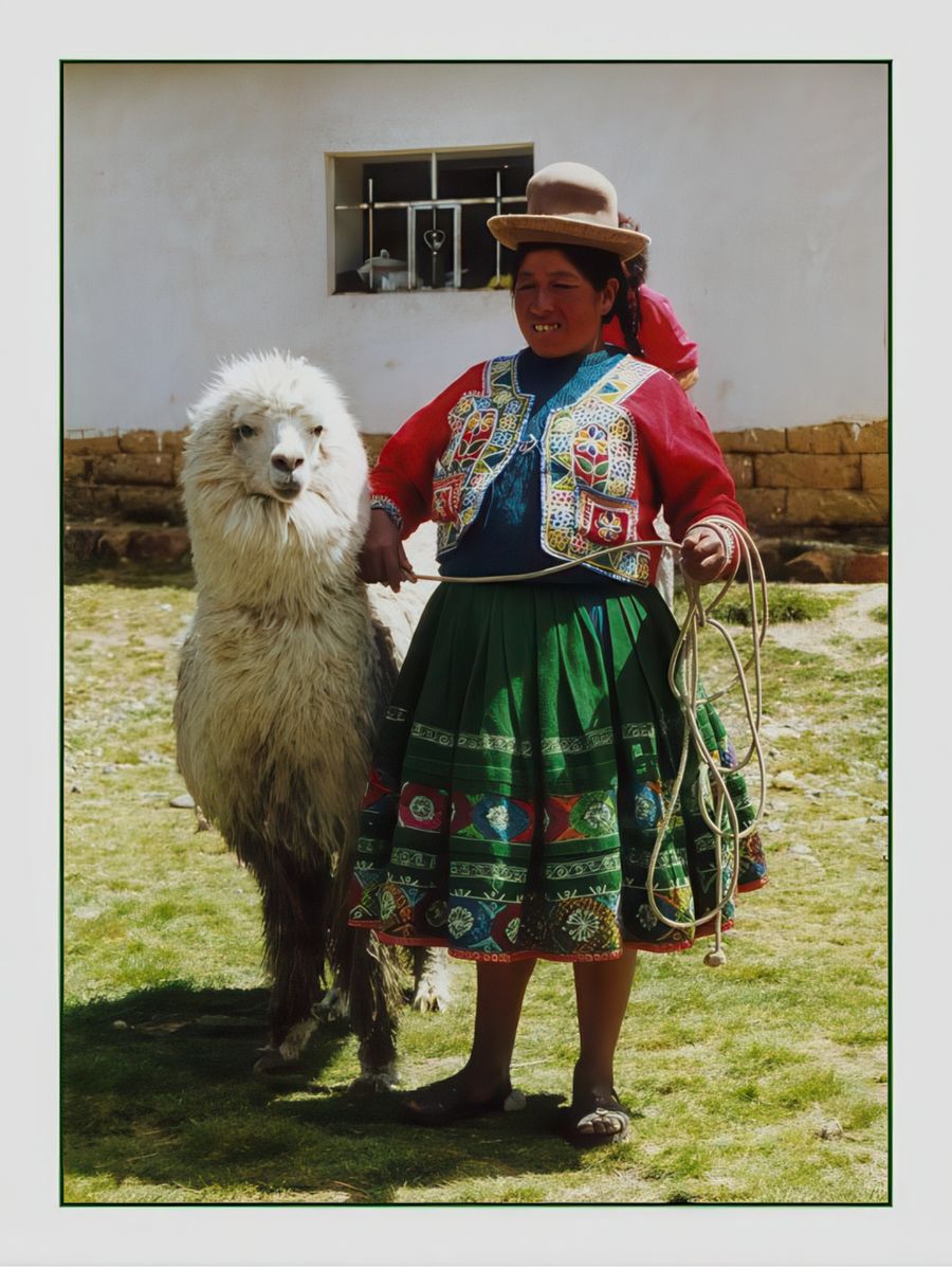 L'Altiplano est le paradis des lamas, vigognes et alpagas mais pas celui de la population qui y vit durement. Le travail agricole des paysans suffit à peine à les nourrir, normal cette femme essaie d'améliorer l'ordinaire en posant avec son lama contre une piécette.
