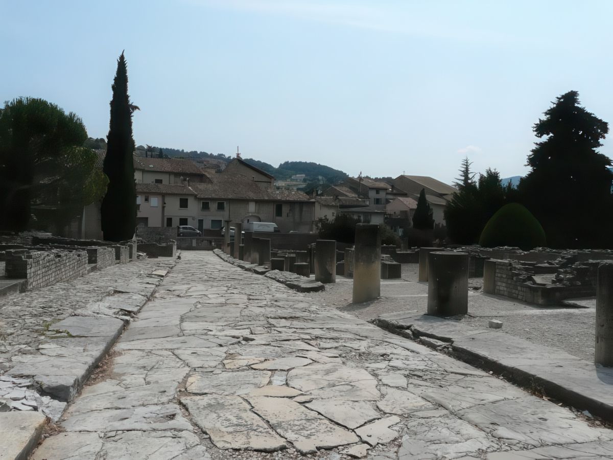 La rue des Boutiques permet de bien illustrer l'urbanisme de Vasio à cette époque. La chaussée est composée de grandes dalles qui pouvait supporter les transports de charges lourdes. Elle est équipée d'un égout implanté sous le trottoir. Sur le côté Ouest de la rue, la photo ci-dessus montre bien les colonnes qui supportaient une allée couverte permettant aux piétons de circuler à l'abri des intempéries.