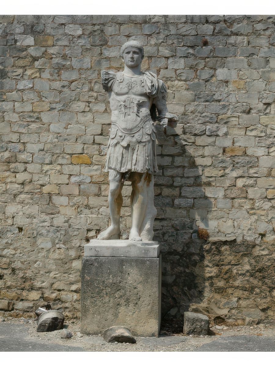 Tête de Domitien (81 à 96 ap.JC) placée sur le corps cuirassé d'une autre statue (1,84 m) Il s'agit d'un moulage, l'original est au musée archéologique.