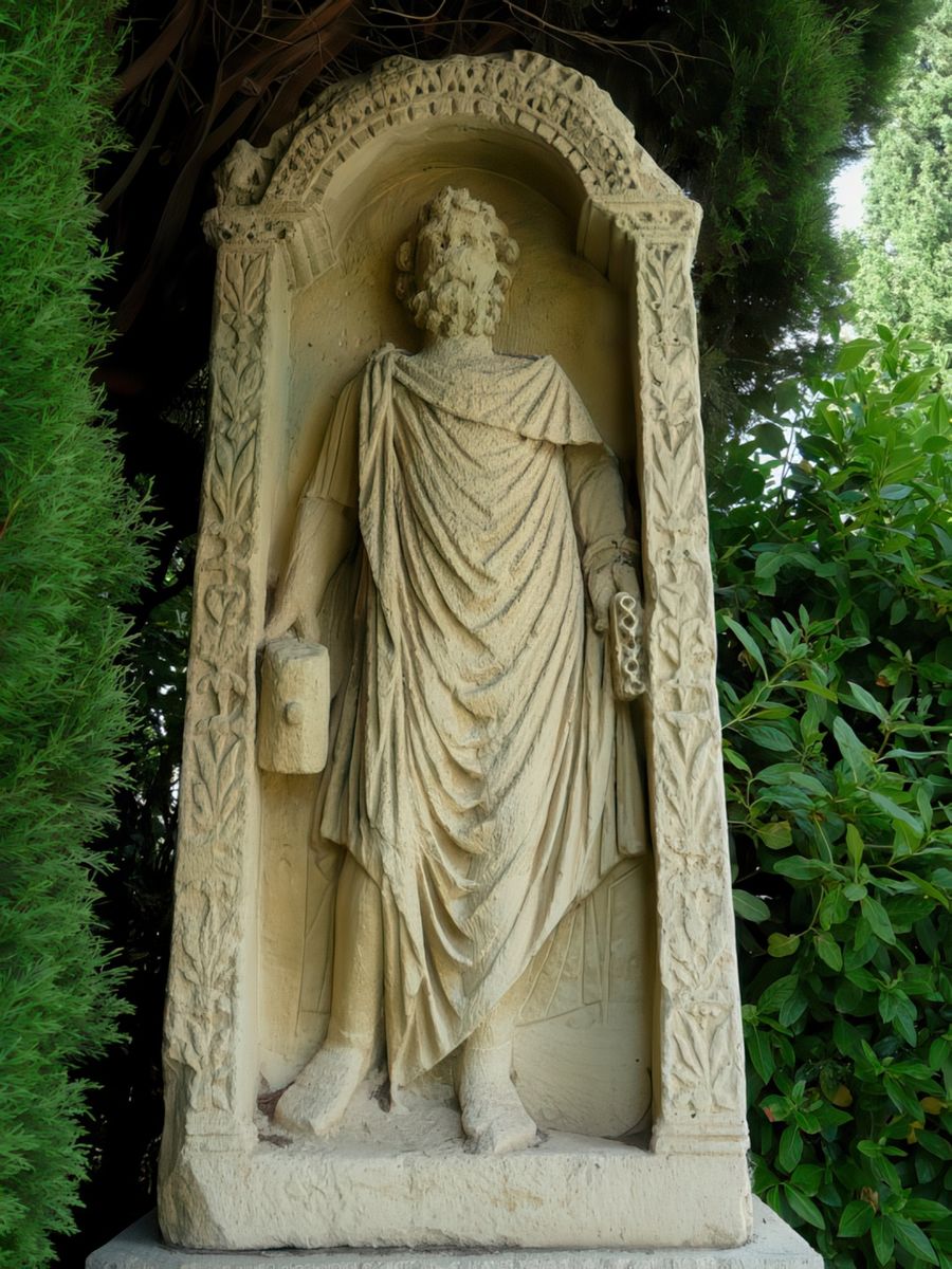 Statue du dieu Sylvain dont l'original se trouve au musée d'Avignon. Le dieu des forêts, représenté en haut relief, dans une niche décorée, tient un maillet de la main droite et une flûte à plusieurs trous ou "syrinx" de la main gauche.