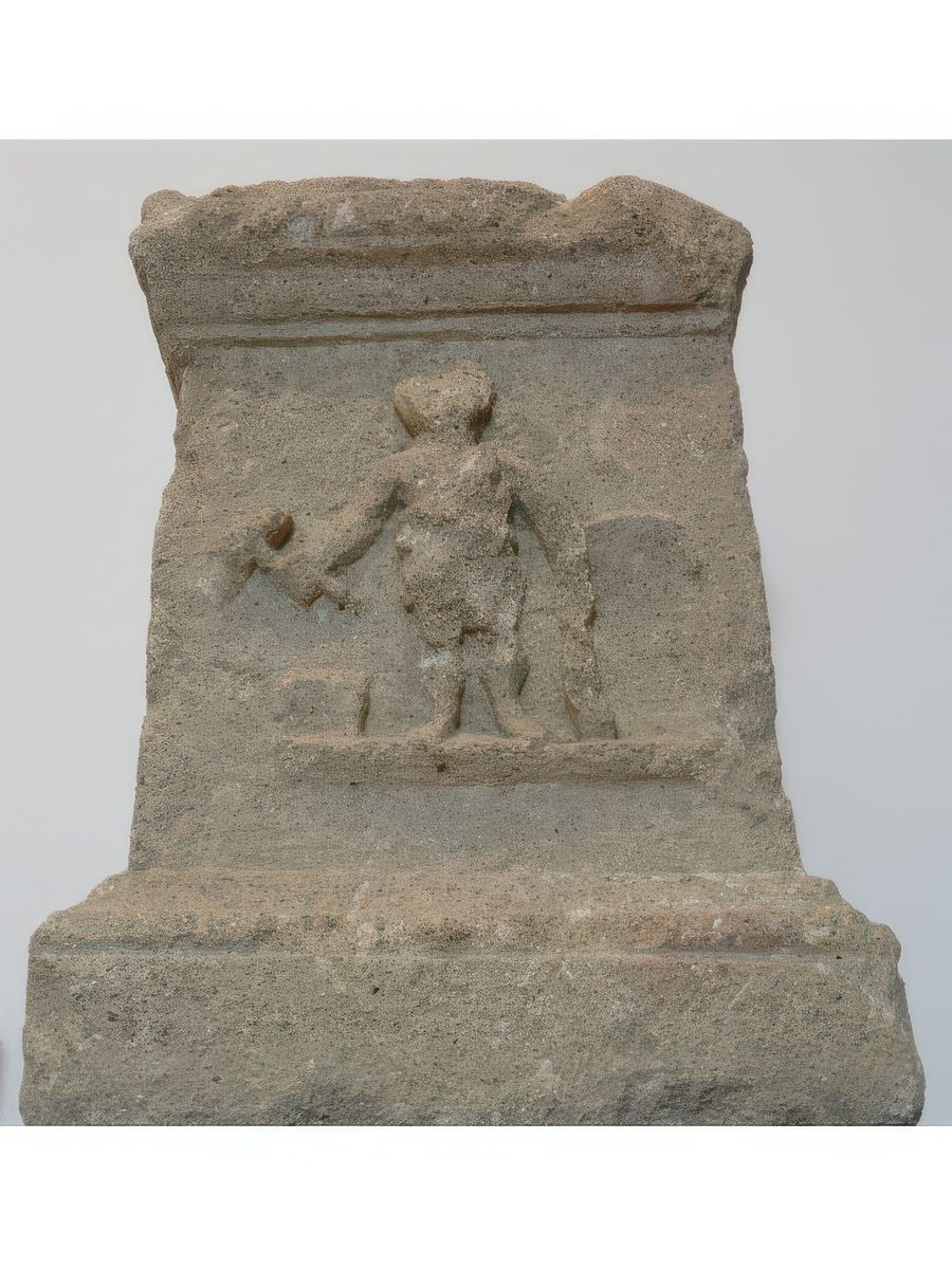 Autel à Vulcain, dieu du feu, patron des forgerons et des armuriers. De la main droite, il frappe avec un marteau sur une enclume, sur la gauche, il s'appuie sur de longues tenailles verticales. Trouvé en 1936 dans la Maison du Buste d'Argent dans la galerie est de l'Atrium à colonnes.