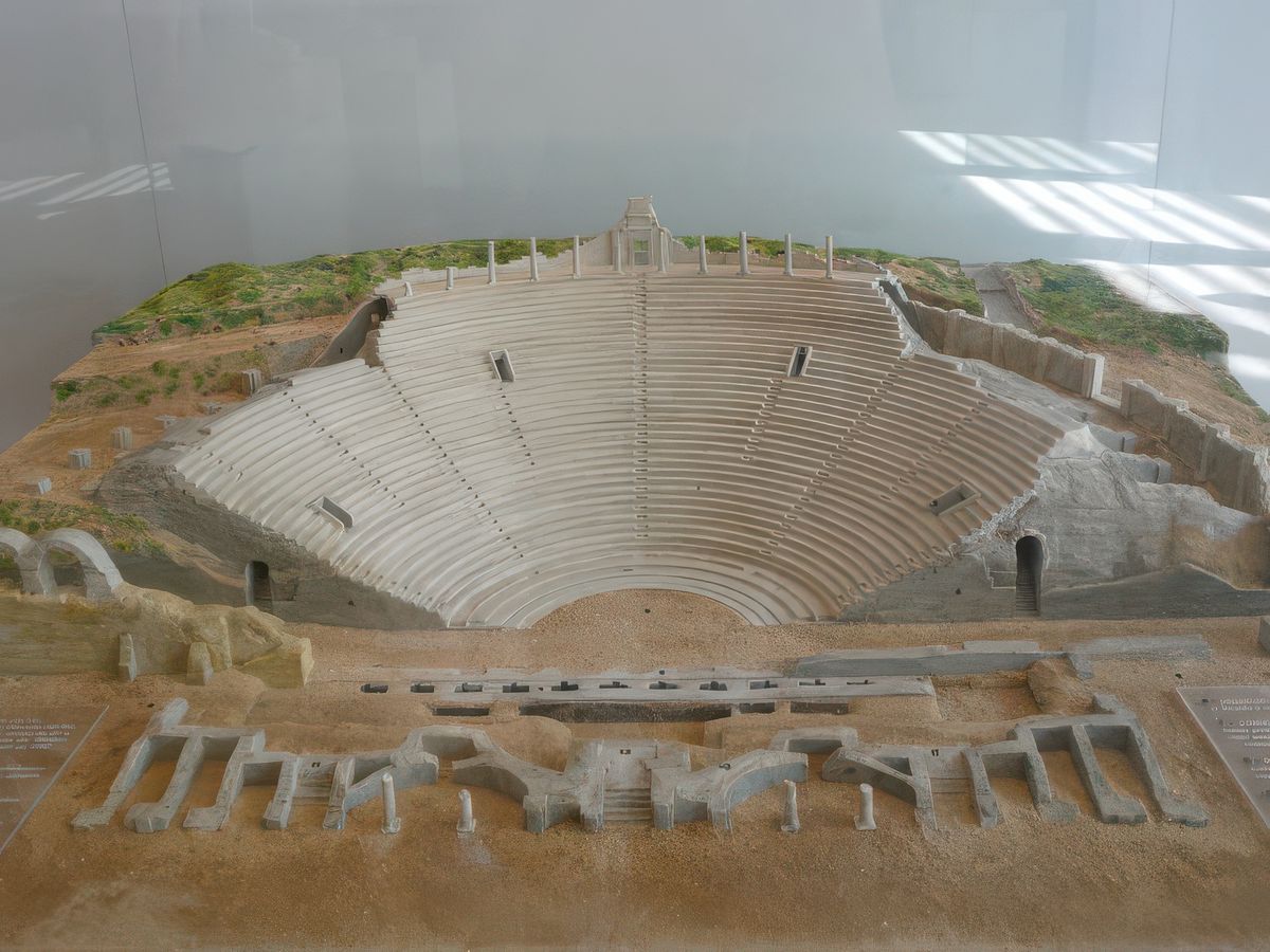 Maquette du Théâtre Romain. Il a été construit sur le flanc nord de la colline et date du I° siècle de notre ère. 6000 spectateurs pouvaient s’y installer. Il ne reste, du mur de scène, que les fondations. Les statues d’Hadrien et Sabine, son épouse, furent retrouvées sous la scène, dans une fosse. Le théâtre est orienté plein nord, pour éviter le soleil aveuglant.