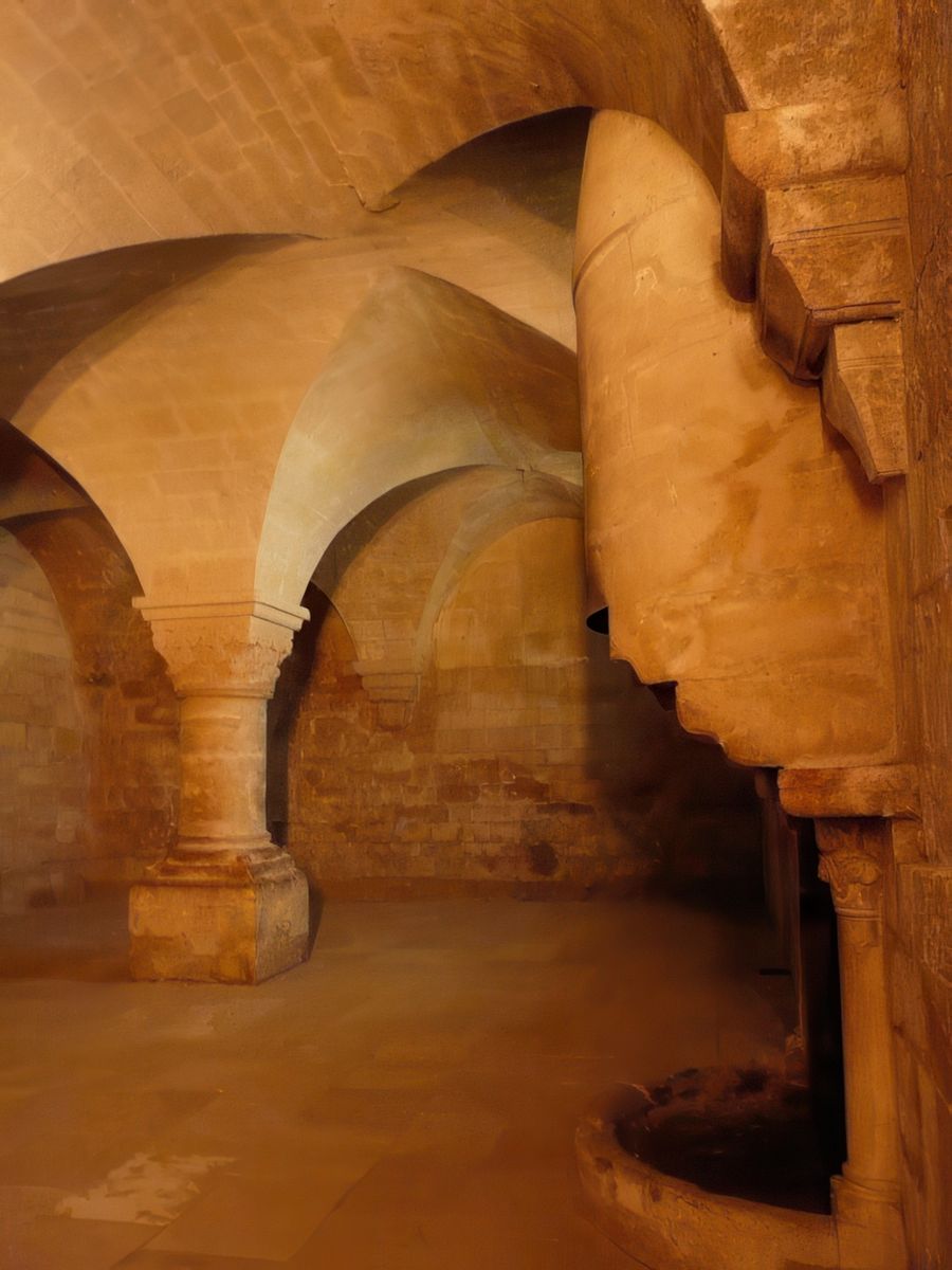 On remarque au centre de cette salle basse voûtée la retombée magistrale des quatre voûtes d'arêtes sur une unique colonne massive, mise en valeur par son large chapiteau et son piédestal cubique orné de quatre tortues et évoquant l'axe du monde. Il se dégage de l'ensemble une impression de vérité et de puissance.