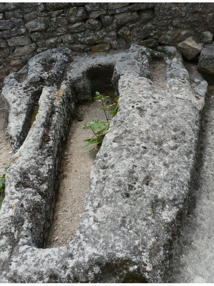 Tombe rupestre adulte entourée de toutes petites tombes.