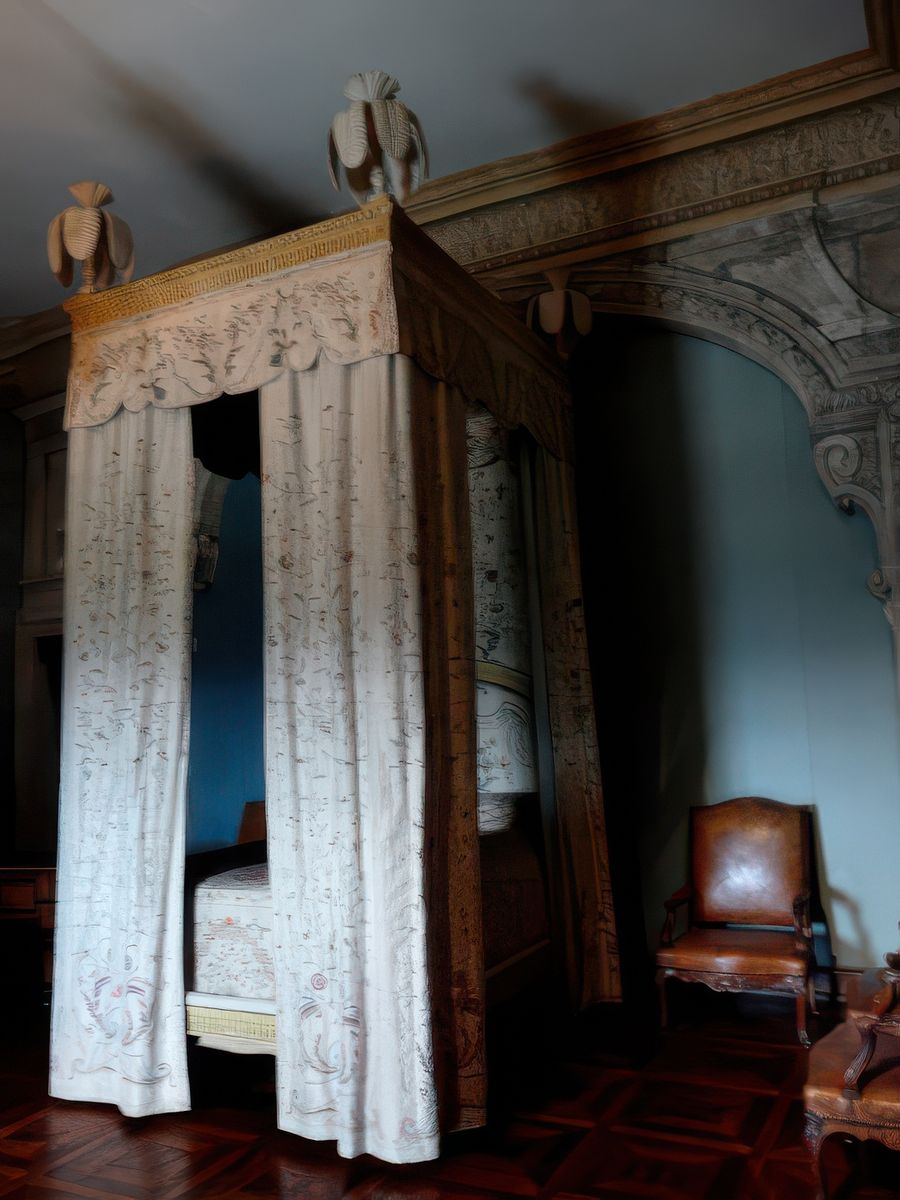 Un lit "à la Française", très en vogue aux XVIe et XVIIe siècles, a été placé dans l’ancienne chambre de M. de Grignan. Il est garni d’une soie peinte caractéristique du goût du début du XVIIIe pour les motifs extrême-orientaux.