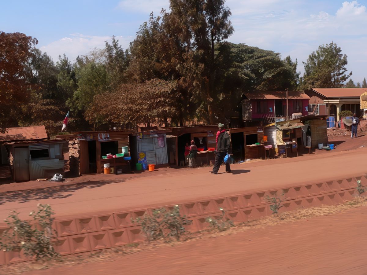 Sur la route vers le lac Manyara. Tout est rouge de poussière .... nous aussi. De retour à Montréal on a reconnu nos bagages (noirs) par la poussière qu'il y avait dessus !!!.