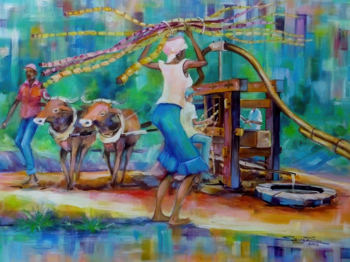 Ce tableau est l'oeuvre d'un artiste de Santo Antao qui peint notamment des scènes de vie traditionnelles. Ici, un "trapiche" (pressoir à cannes à sucre) actionné par des boeufs. Ils sont aujourd'hui remplacés par des pressoirs à moteur.