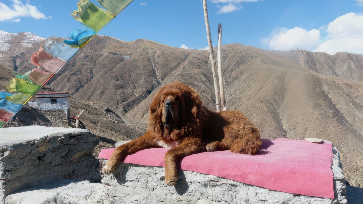 Le dogue du Tibet ou mastiff du Tibet est une race de chien de travail d'origine ancienne, employée par les bergers nomades de l'Himalaya. Do-khyi, son nom tibétain, signifie littéralement"chien de porte", il fut en effet le chien de garde traditionnel des monastères tibétains. La race est propre aux hauts plateaux de l'Himalaya, les bergers l'utilisent pour protéger des troupeaux de chèvres, yacks et moutons des prédateurs. Bien qu'il ait évolué, des traces possibles de son existence remontent à plus de trois mille ans. Une description a été faite environ 350 ans av. J.-C. par Aristote, puis par Marco Polo vers 1270. Des chiens du Tibet auraient été donnés à Alexandre le Grand, qui leur a fait combattre des fauves en arène. Son maître voulait que je le caresse, ce que j'ai fait, mais pas très rassurée tout de même.