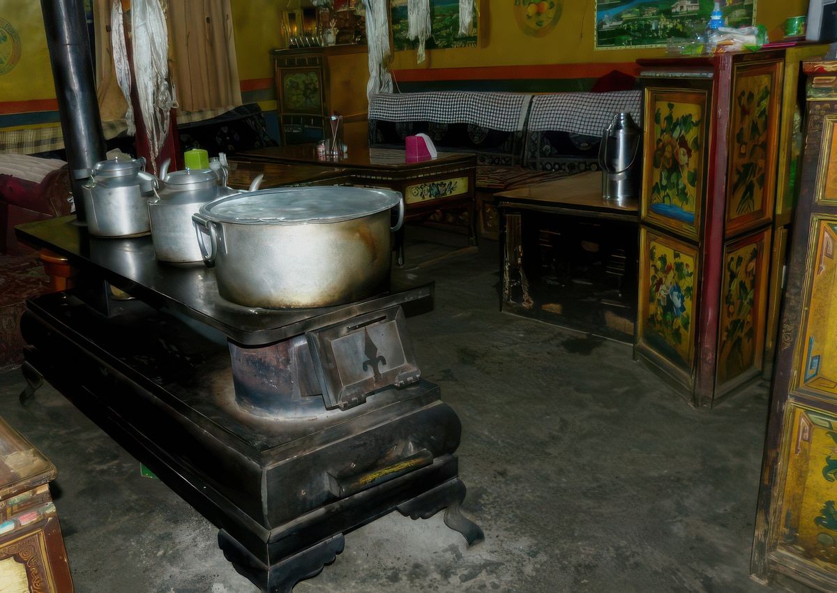 On s'installe près du gros poêle pour avoir chaud.