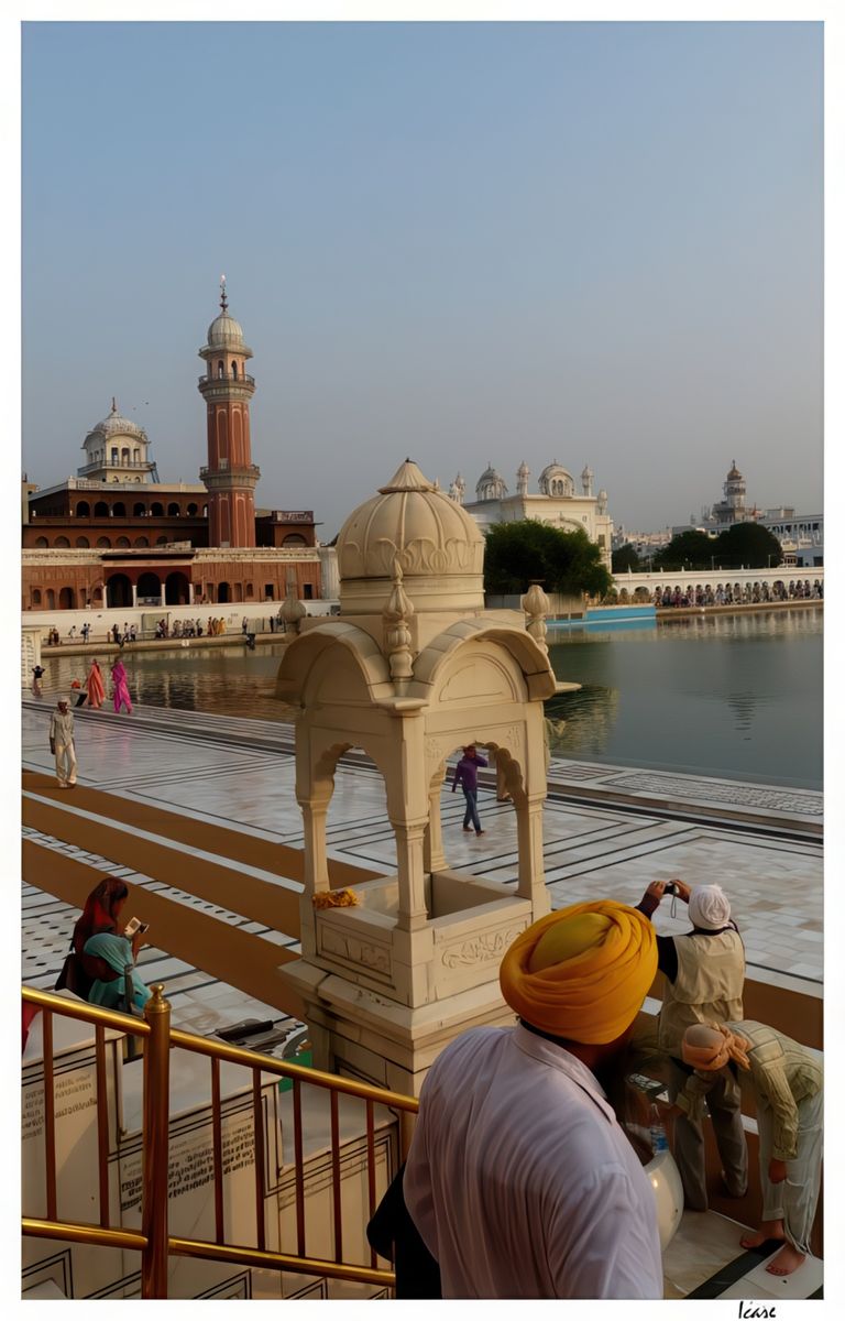Les sikhs initiés (sikhs amritdaris), suivent la règle des "5 K": ils doivent porter les cheveux longs et la barbe (Kesh); porter en permanence un peigne dans les cheveux (Kangha) ils portent aussi un poignard recourbé, un turban, un bracelet en fer, le Kawra, symbolisant l'unité (boucle sans fin) et un caleçon spécifique, le Kacchera. Les sikhs non initiés ne portent pas tous ces attributs. Empruntons l'escalier qui mène dans une cour carrée éclatante de blancheur, pavée de marbre...