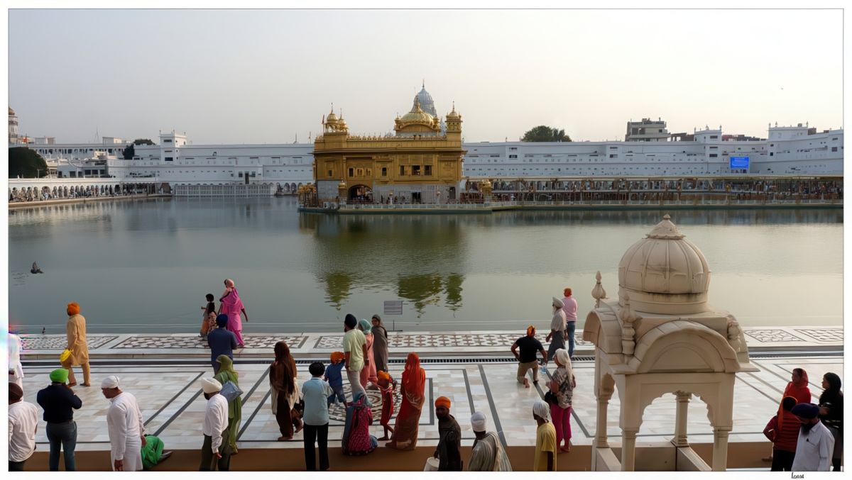 Trônant au milieu du bassin sacré, le temple est un majestueux pavillon de trois étages, dont les parties supérieures ont été recouvertes de plaques et de feuilles d'or au XIXe siècle sur ordre du mahârâja Ranjit Singh. L'édifice a été construit en marbre de différentes couleurs, incrustés de nacre et de pierres semi-précieuses. La terrasse, ornée de quatre chhatri (structures surmontées d'un dôme soulevé par quatre piliers), est surmontée par une coupole d’or en forme de lotus renversé.
