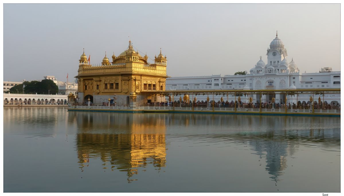 Une passerelle de 60 mètres de long, "le pont du Gurû", mène au Hari Mandir Sahib, temple de marbre à 2 étages qui renferme le trésor des sikhs, un dais incrusté de diamants et de pierres précieuses qui protège le livre sacré lors de ses déplacements.