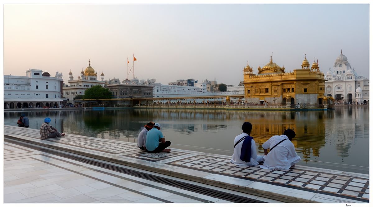 Remarquez les 2 drapeaux à gauche, il s'agit du Nishan Sahib, le nom du drapeau sikh qui est placé au-dessus des gurdwaras, les temples sikhs, et les autres lieux religieux importants dans le sikhisme. Nishan vient du perse et veut dire drapeau, sahib vient de l'arabe et se traduit par "maître", "seigneur"; c'est un titre honorifique souvent utilisé dans le sikhisme comme dans le nom du Livre saint : le Guru Granth Sahib. Le drapeau sikh est triangulaire, souvent orange, safran, quelquefois bleu avec le symbole du sikhisme: le Khanda. L'épée à double tranchant qui est au centre du drapeau se dénomme aussi khanda. Un disque dénommé chakra représente le centre, il est le symbole de l'unité; deux poignards, des kirpans, l'entourent. Le kirpan fait partie de la tenue traditionnelle du sikh et s'inscrit dans la règle des Cinq K.