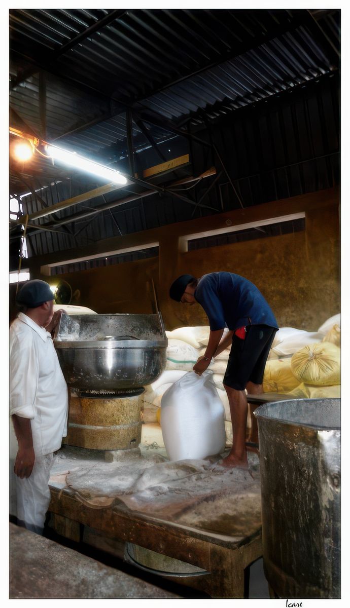 Des dizaines (que dis-je des centaines!) de sacs de farine attendent d'être transformés en galettes de pain (chapati indien).