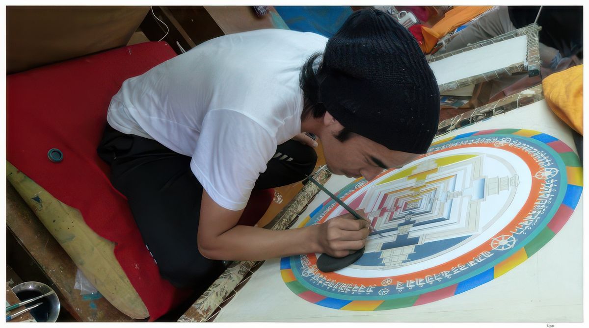 Travail de précision et de patience pour ce jeune tibétain qui est en train de réaliser un thangka.