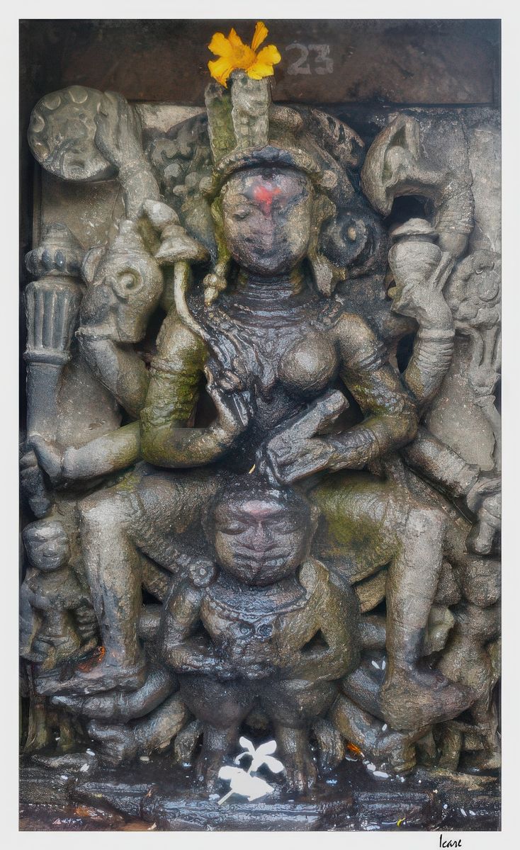 Ardha-Lakshmi-Narayana est représenté moitié mâle et moitié femelle, la moitié droite est le Vishnu mâle avec ses attributs traditionnels (une roue ou chakra, une conque ou shankha, un lotus (padma) et une massue (gada), assis sur sa monture Garuda (l'homme-oiseau). Cette représentation est rare dans le nord de l'Inde.