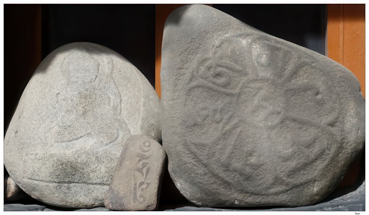 Deux pierres de mani gravées. Souvent ces pierres portent l'inscription "Ôm Mani Padme Um" qui est la prière murmurée par les pèlerins (cela signifie: "Salut ô joyau dans la fleur de lotus").
