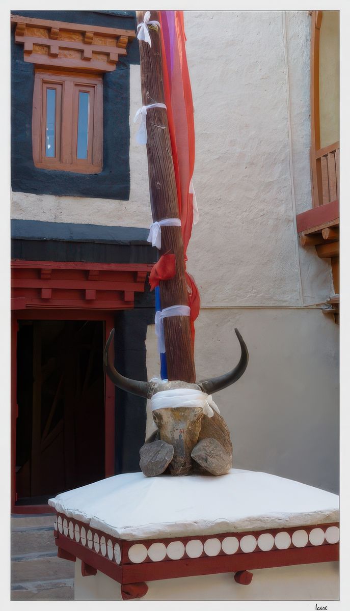 La cour du palais est joliment colorée, ici une tête de yak posée près du mât de prières.