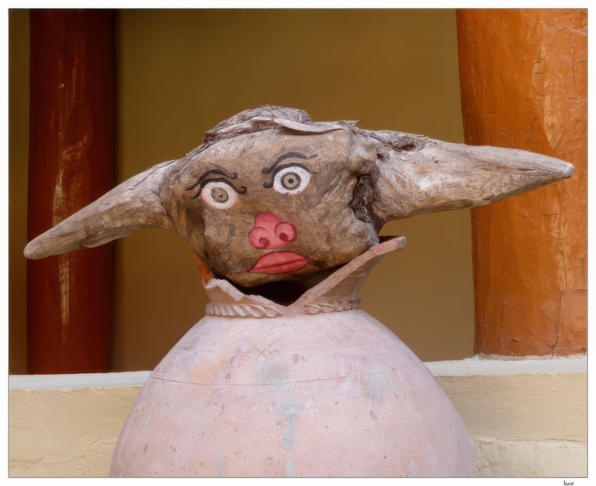 Tête sculptée dans du bois et peinte.
