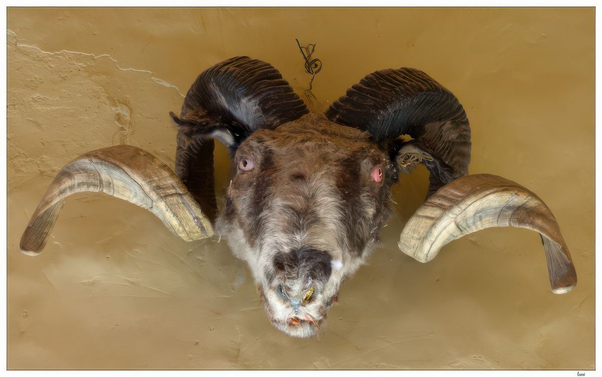 Tête de mouflon tibétain ou argali (nyan) avec ses yeux peints.