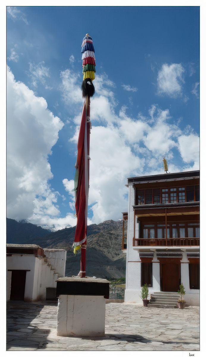 Un grand grand mât de drapeaux de prières (darchok). Les darchok sont des grandes bannières de tissu colorées, avec des inscriptions de textes sacrés; ils sont fixés à de très hauts mâts dans les sites religieux. Lorsque les darchok sont bercés par le vent, les prières se diffusent alors partout !