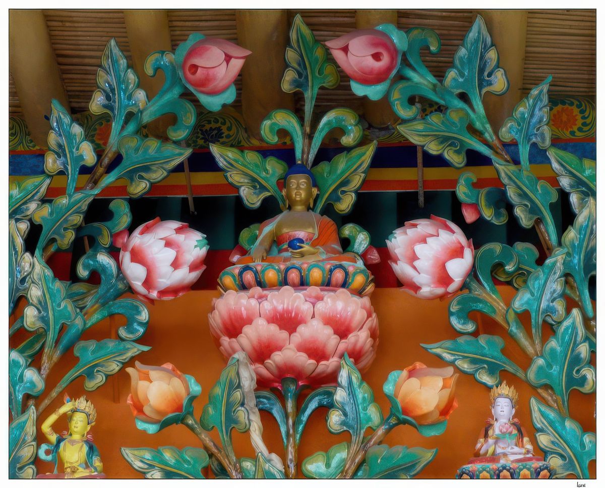 Des fleurs de lotus entourent le Bouddha historique.
