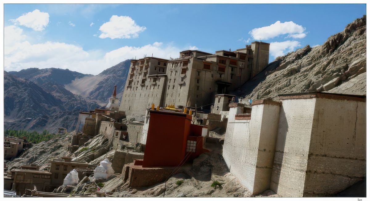 L'ancien palais de Leh (Lechen Palkhar) comporte neuf étages; dans les étages supérieurs était logée la famille royale, les pièces des écuries et les magasins étant situés dans les étages inférieurs.