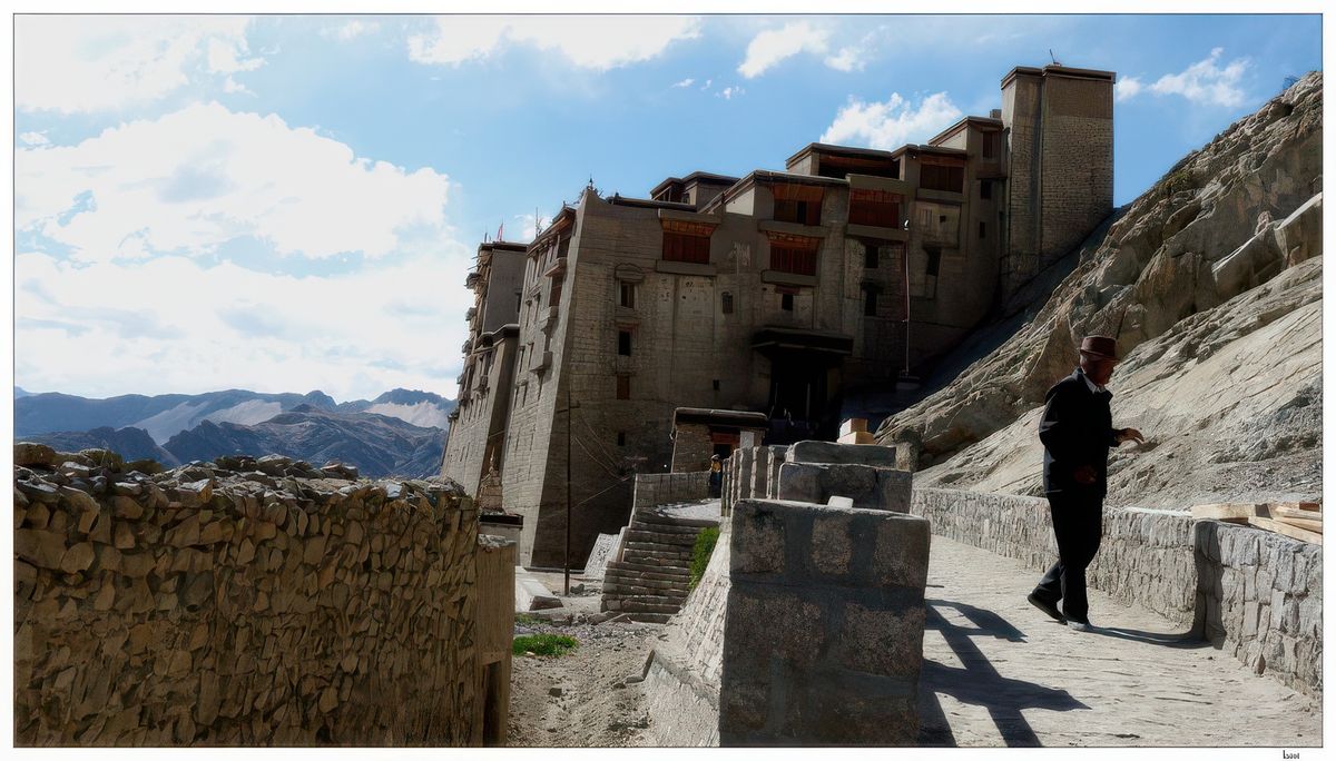 Les façades du palais n'ont pas été peintes, elles se fondent dans la couleur des roches. Les murs sont inclinés vers l'intérieur, selon l'architecture himalayenne, ils ont été construits avec des couches de pierre et de bois alternées. Cette pratique permet à la structure d'absorber les chocs et de survivre aux tremblements de terre.