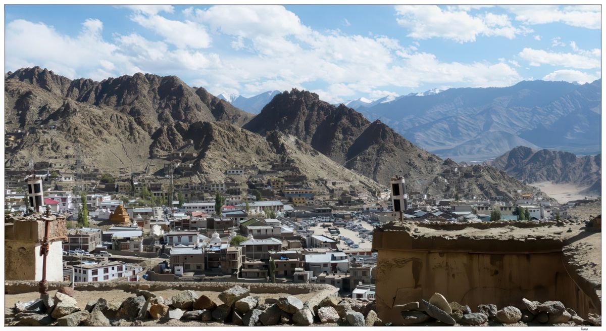 Depuis l'entrée du palais au rez-de-chaussée, la vue sur la ville de Leh est belle.