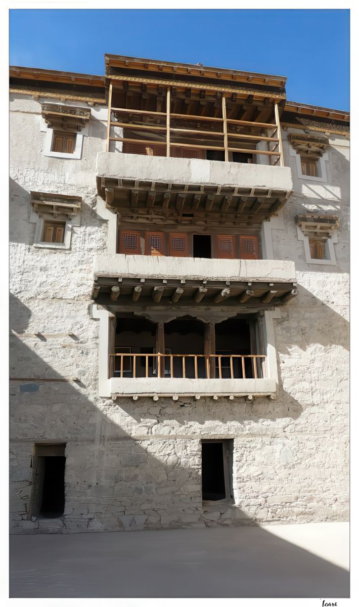 Petites fenêtres et balcons surplombants en bois .