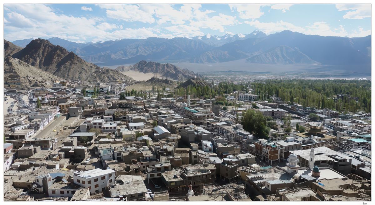 De droite à gauche, vue sur les deux mosquées de la ville (reconnaissables à leur minaret), situées chacune à une extrémité.