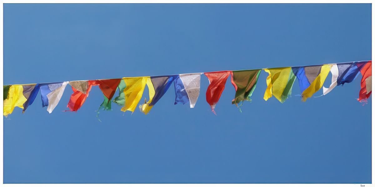 Dans le ciel bleu, les drapeaux de prières chevauchent le vent.