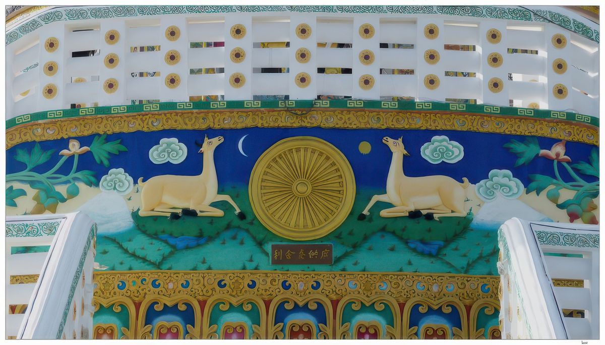 La roue du Dharma entourée par un daim et une biche.