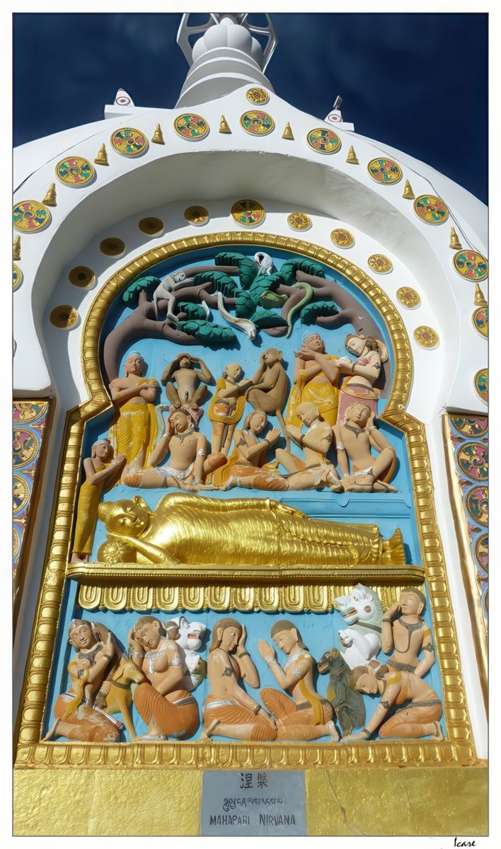 Le Bouddha couché est un motif iconographique et statuaire important du bouddhisme. Il représente le bouddha historique malade, sur le point d'entrer dans le parinirvâna. Allongé sur le flanc droit, sa tête est soutenue par sa main droite posée sur un coussin.