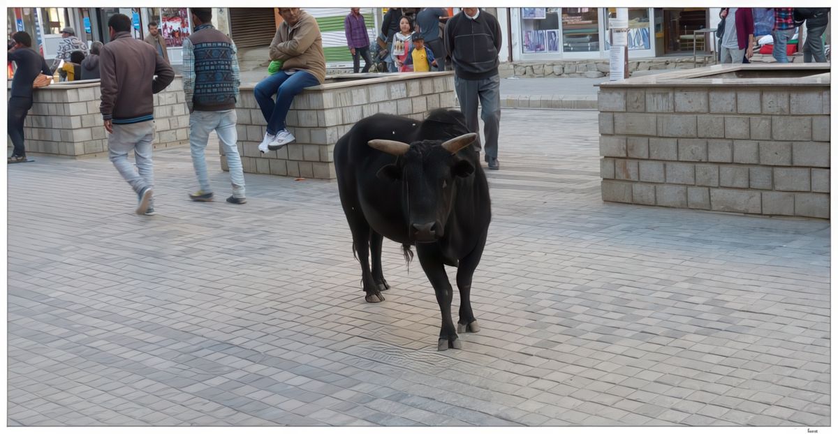 Une vache déambule tranquillement au milieu de la chaussée.