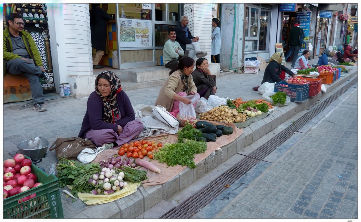 Du matin jusqu'au soir des femmes assises sur le bord du trottoir vendent leurs légumes et leurs fruits.
