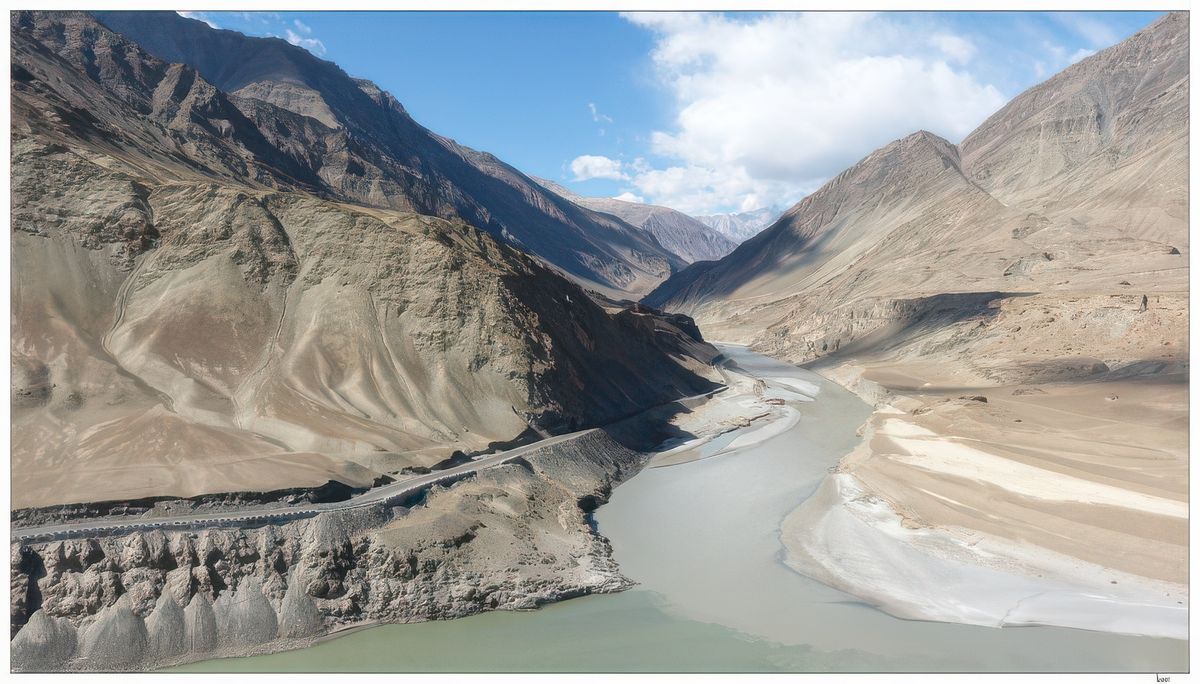Arrêt à Nimo pour admirer la confluence entre l’Indus et la rivière Zanskar qui débouche de gorges arides. La partie plus claire et plus large sur la photo est la rivière Zanskar.