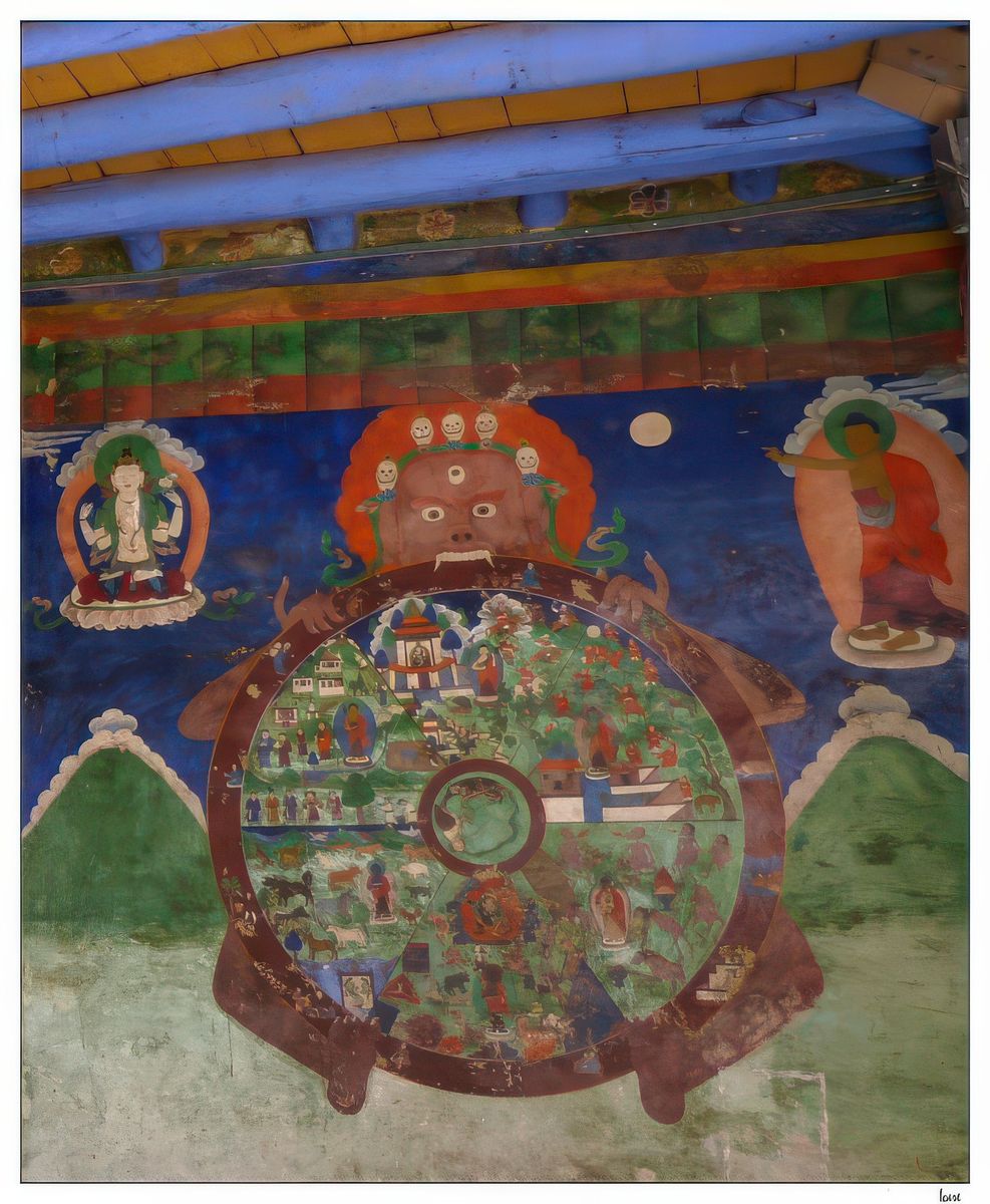 Yama, le dieu de la mort et des enfers, tenant dans sa bouche la représentation du cycle de l'existence (Bhavacakra).