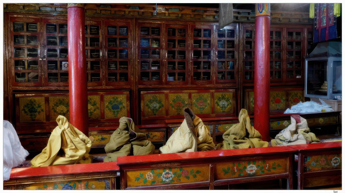A l'intérieur du dukhang, dans des bibliothèques vitrées, des manuscrits anciens.
