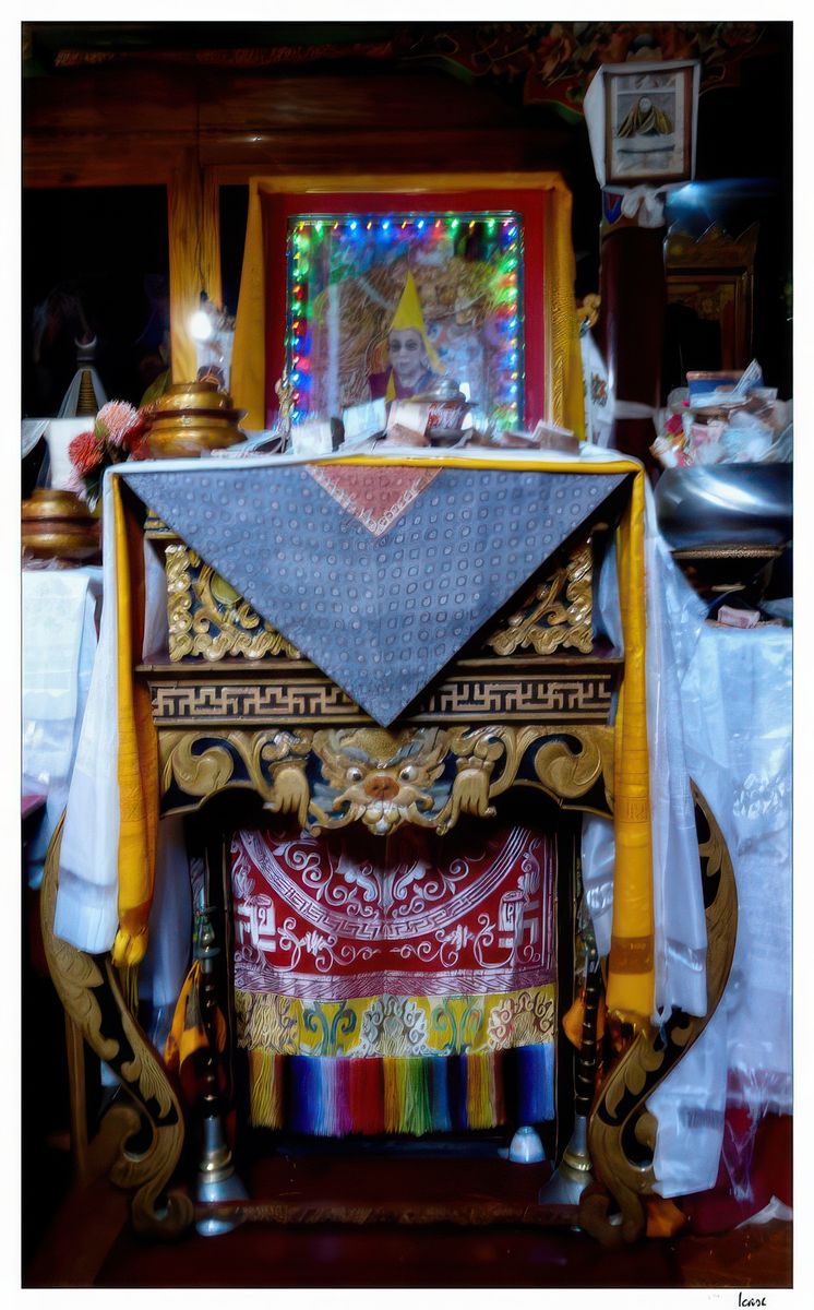 Offrandes près de la photo du dalaï-lama, chef spirituel des Bonnets jaunes (gelukpa).