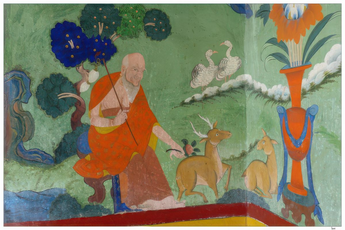 Fresque murale représentant le Bouddha lors de son premier enseignement pubic, entouré de la biche et du daim, dans le parc de Sarnath, près de Bénarès.