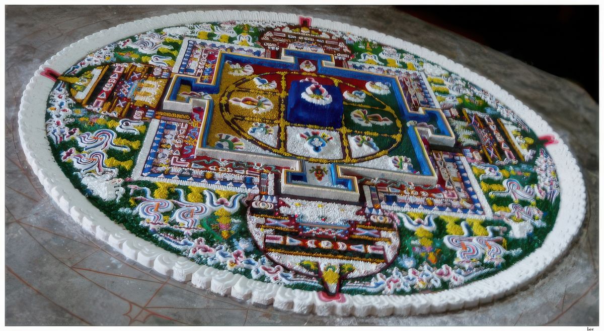 Normalement les mandalas de sable coloré sont éphémères puisqu'ils sont détruits, mais à Rizong celui-ci est conservé pour les visiteurs.