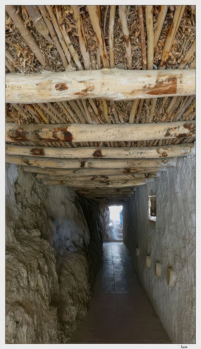 Passage couvert, creusé dans la roche, et petits moulins à prières incrustés dans le mur (à droite sur la photo).
