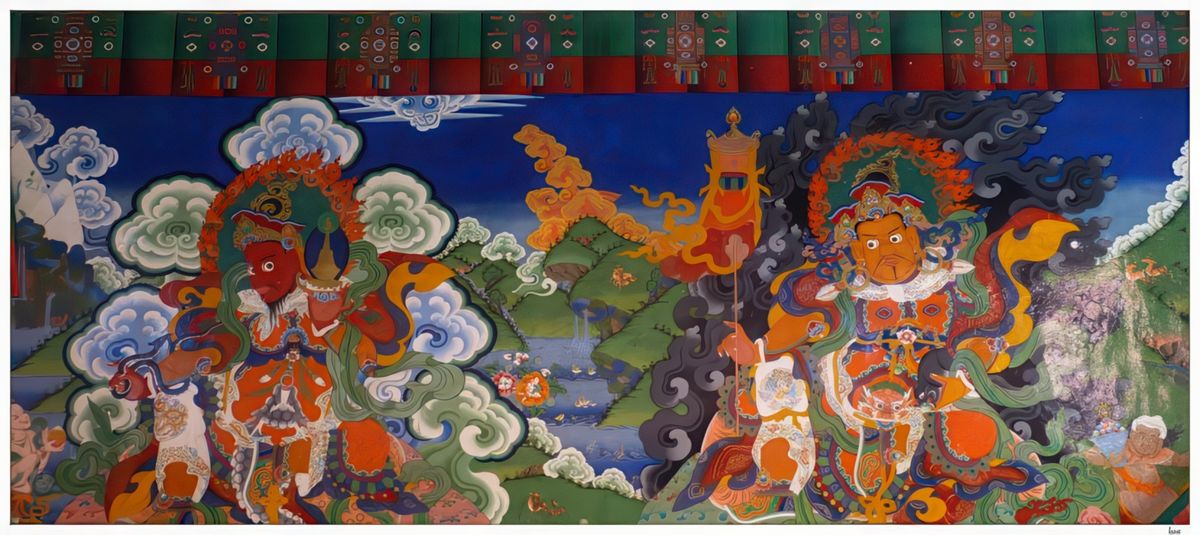 Comme dans tous les monastères, nous retrouvons les dieux protecteurs. Ici,deux des quatre lokapalas, les "Gardiens du monde". A gauche, Virupaksa, de couleur rouge, tient un stupa dans la main gauche et un serpent dans la main droite. A droite, Vaishravana, de couleur orange, tient une bannière de victoire dans la main droite et une mangouste crachant les joyaux (nakula) dans la main gauche.