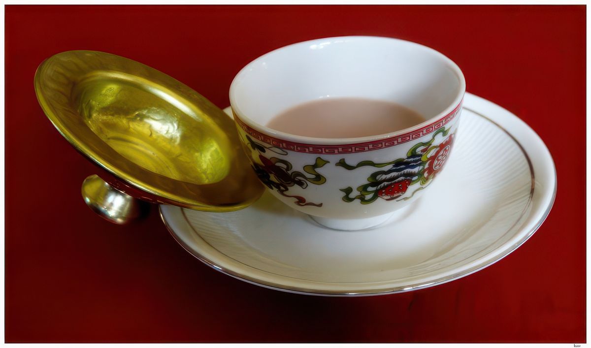 Thé au beurre de yak. En réalité, il s'agit de beurre de dri, la femelle du yak domestiqué. Voici la recette: 7 tasses d'eau 1 c. à s. de thé 1 tasse de lait 1/3 de tasse de beurre rance de yak 1 à 3 c. à c. de sel Faire bouillir l'eau dans une casserole. Ajouter le thé et le lait, porter à ébullition. Ajouter le beurre et le sel, laisser bouillir pendant 2-3 minutes. Battre à la main ou dans un mixeur jusqu'à formation d'une mousse. Verser dans une théière chauffée et servir.